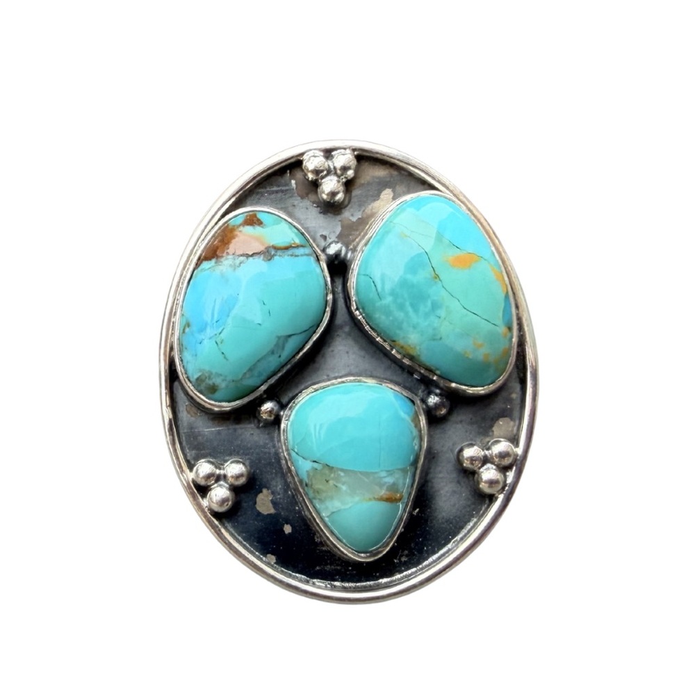 925 Sterling Silver | Triple Turquoise Statement Ring | Adjustable Size 6.5-10.5